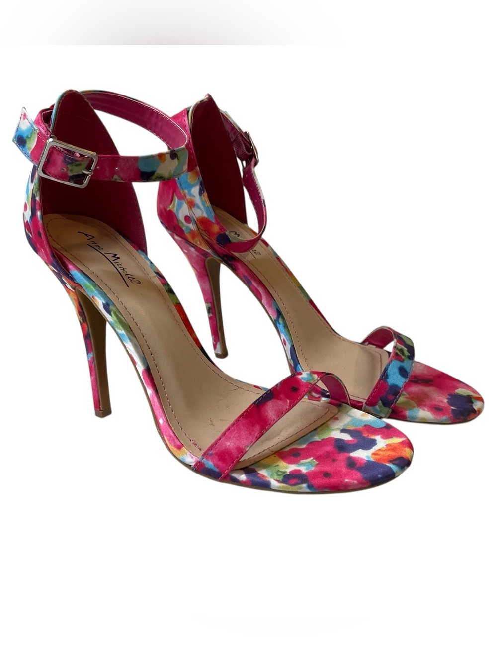 ANNE MICHELLE Pink/Blue Floral Print Strappy Ankle Strap High Heel Shoes Size 9